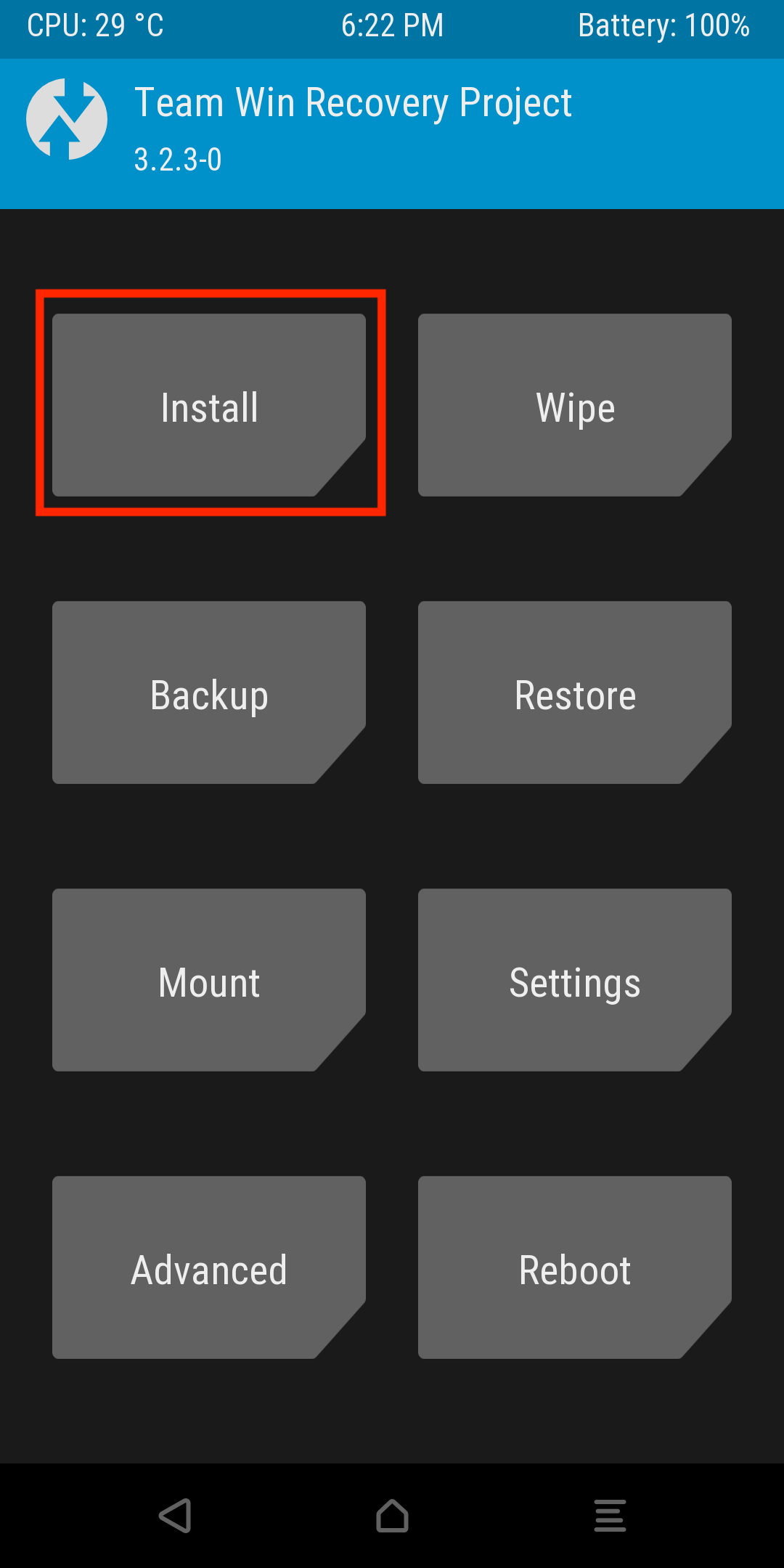 TWRP function selection screen