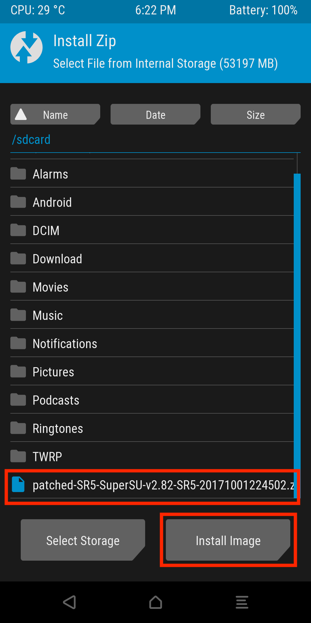 TWRP install zip screen, select file