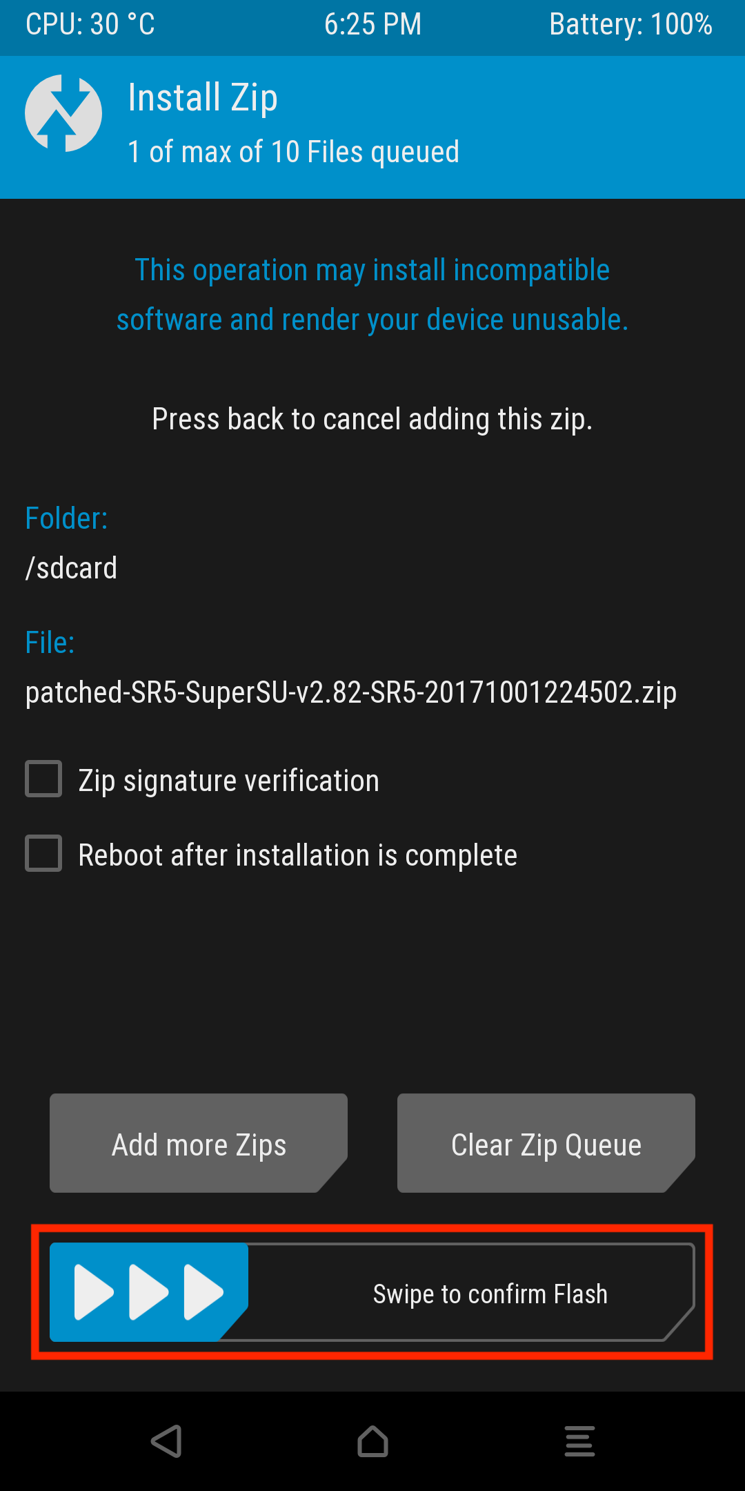 TWRP install confirmation screen