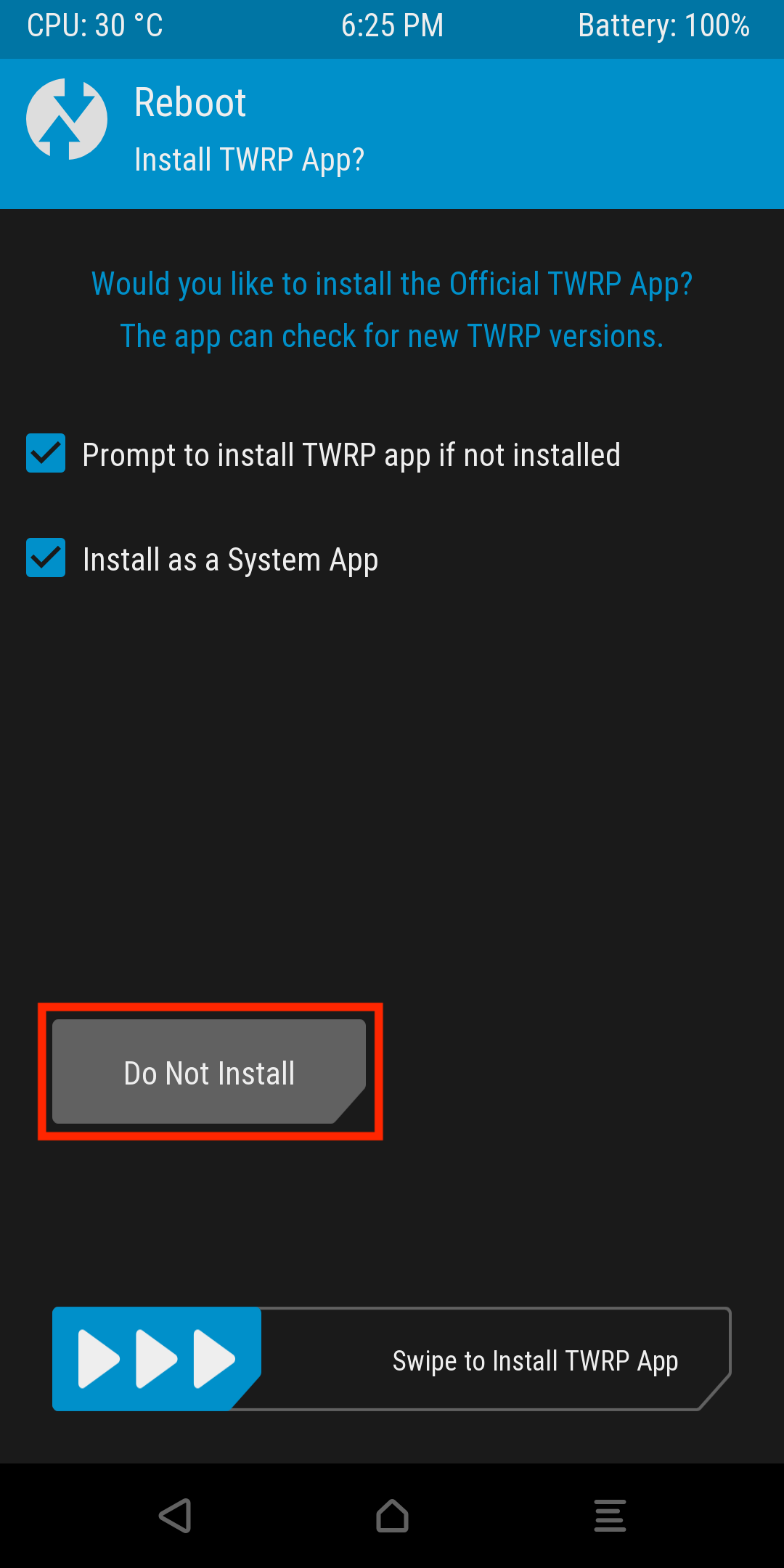 TWRP reboot screen